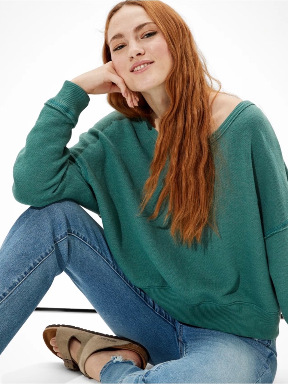 American Eagle Outfitters Medium Off-the-Shoulder Teal Green Pullover Sweater